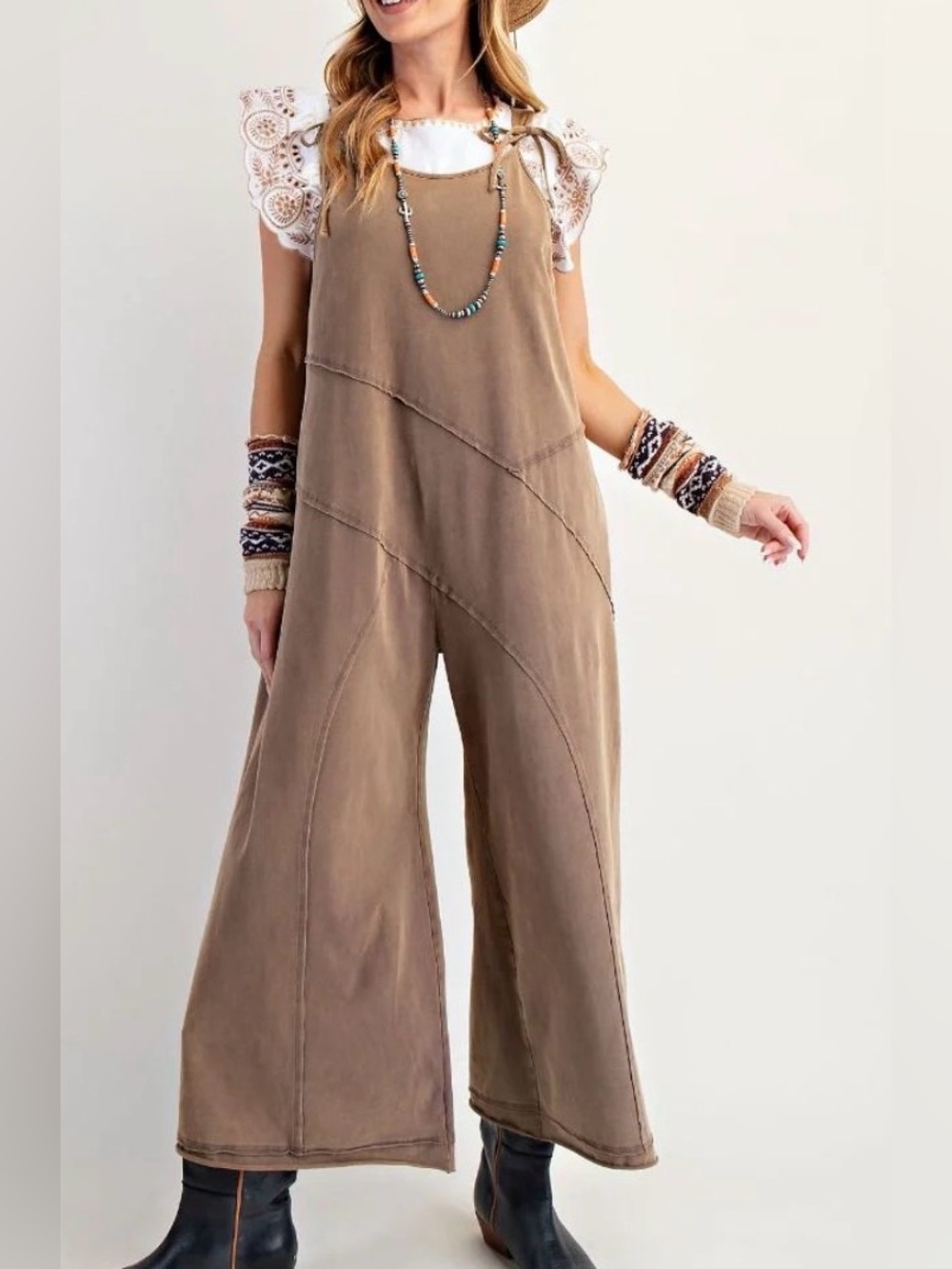 Easel size medium Boho Wide-Leg Taupe Jumpsuit mineral wash